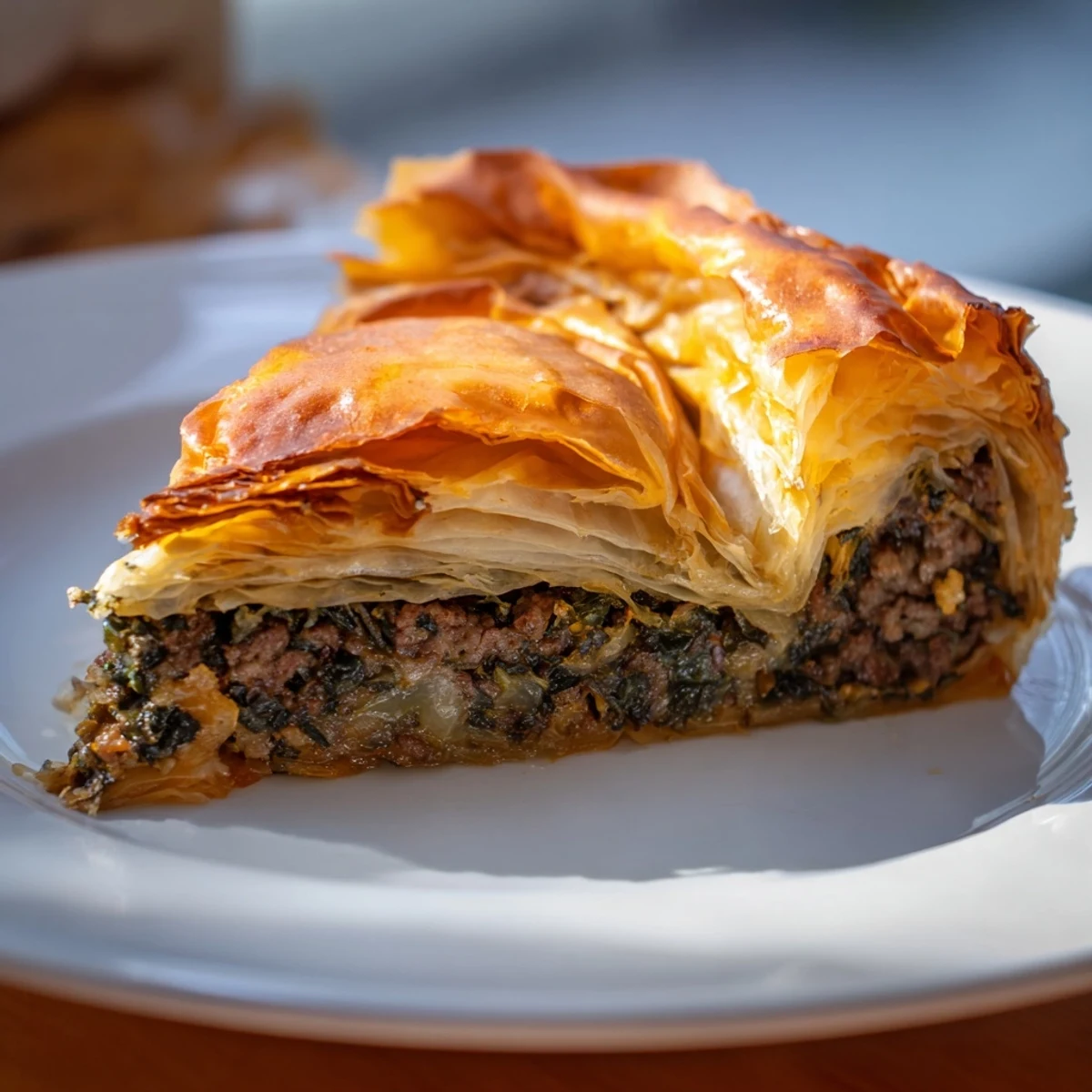 A close-up of a freshly baked Bosnian Burek, ready to serve with creamy yogurt.