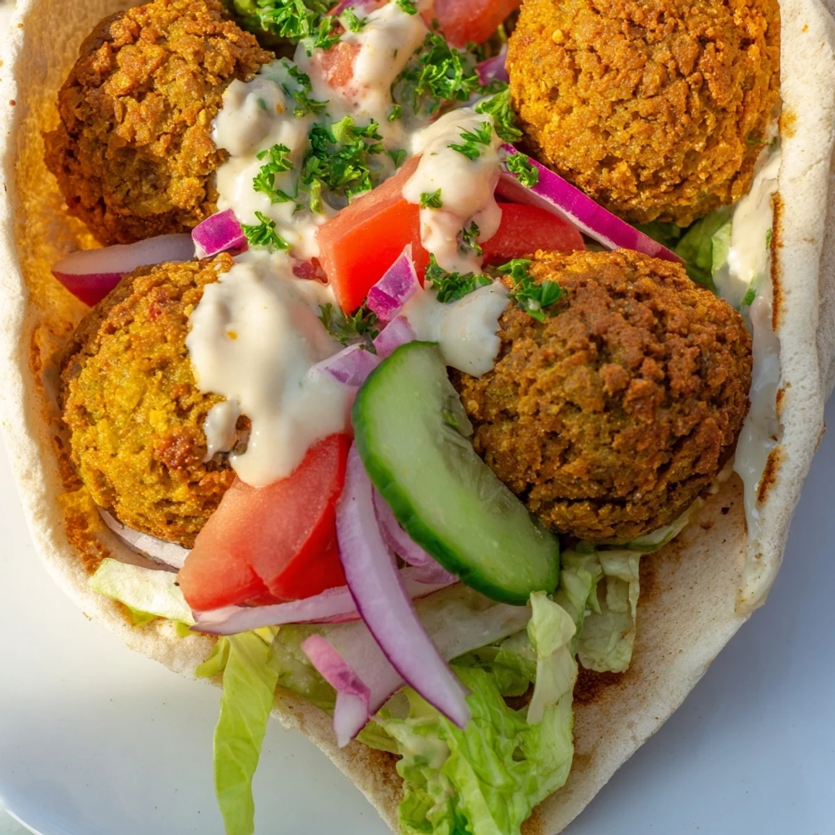 Golden, crispy falafel pita pocket brimming with fresh veggies and creamy tahini, a satisfying lunch.