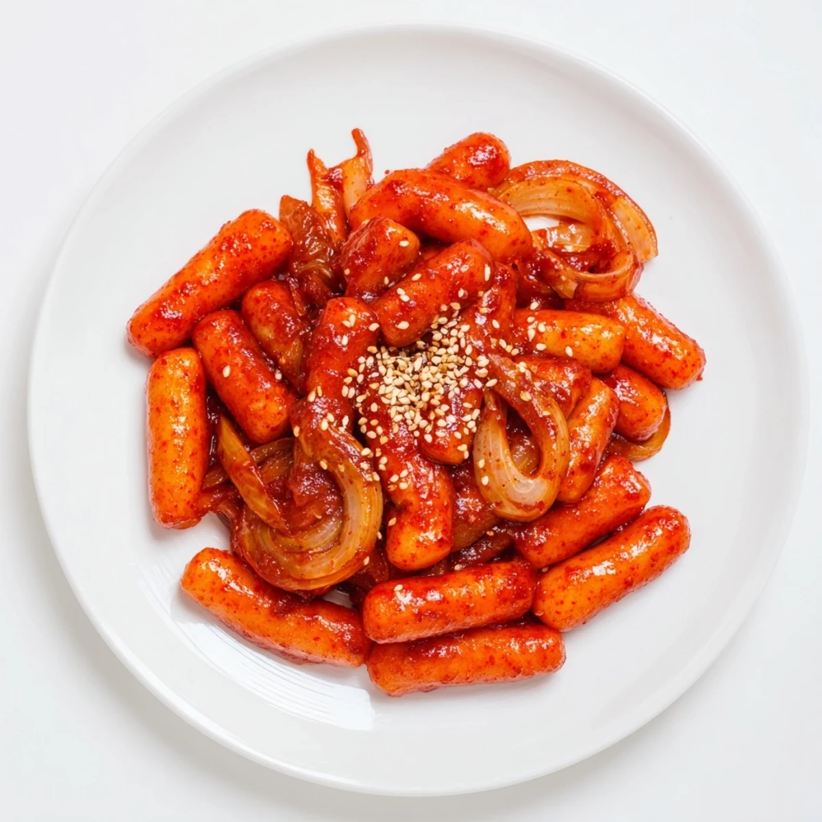 Vibrant photo of steaming Korean Tteokbokki, featuring chewy rice cakes glistening in a spicy red sauce.