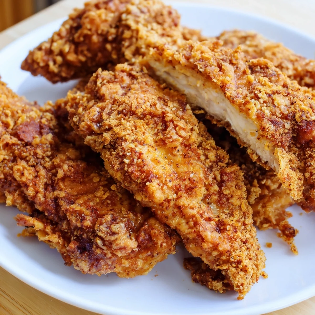 Golden-brown crispy fried chicken tenders, perfectly seasoned and ready to dip in your favorite sauces.