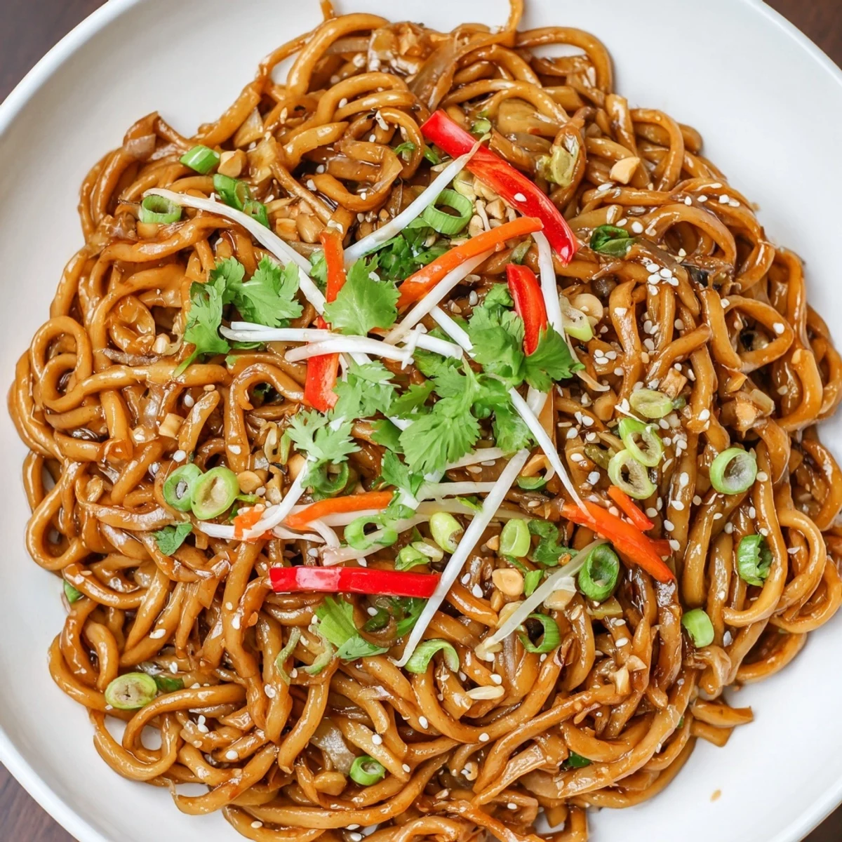 Steaming Asian Garlic Noodle Bowl with sesame seeds & scallions, a flavorful vegetarian main dish.