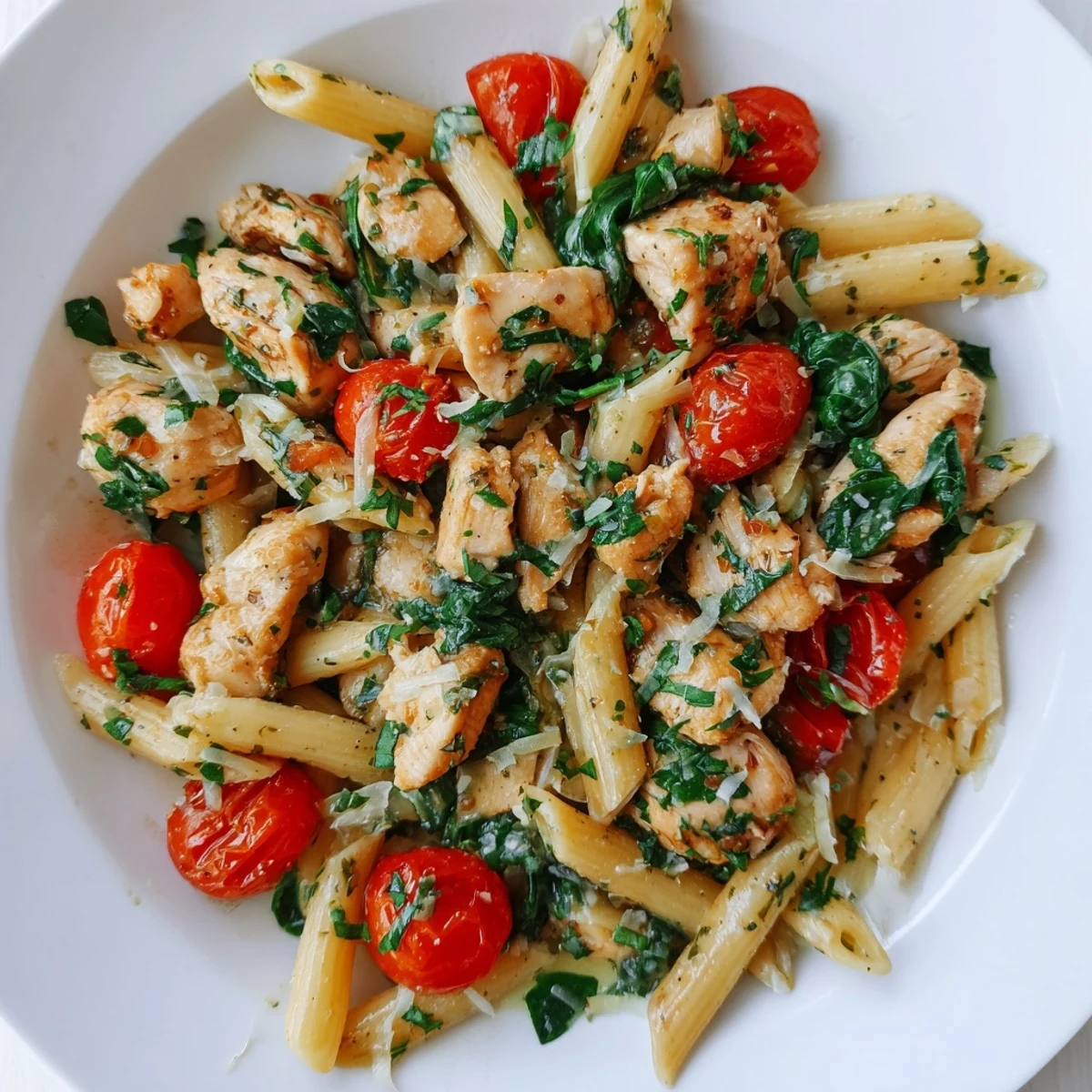 A steaming bowl of flavorful One-Pan Lemon Herb Pasta Chicken, filled with herbs and creamy Parmesan.