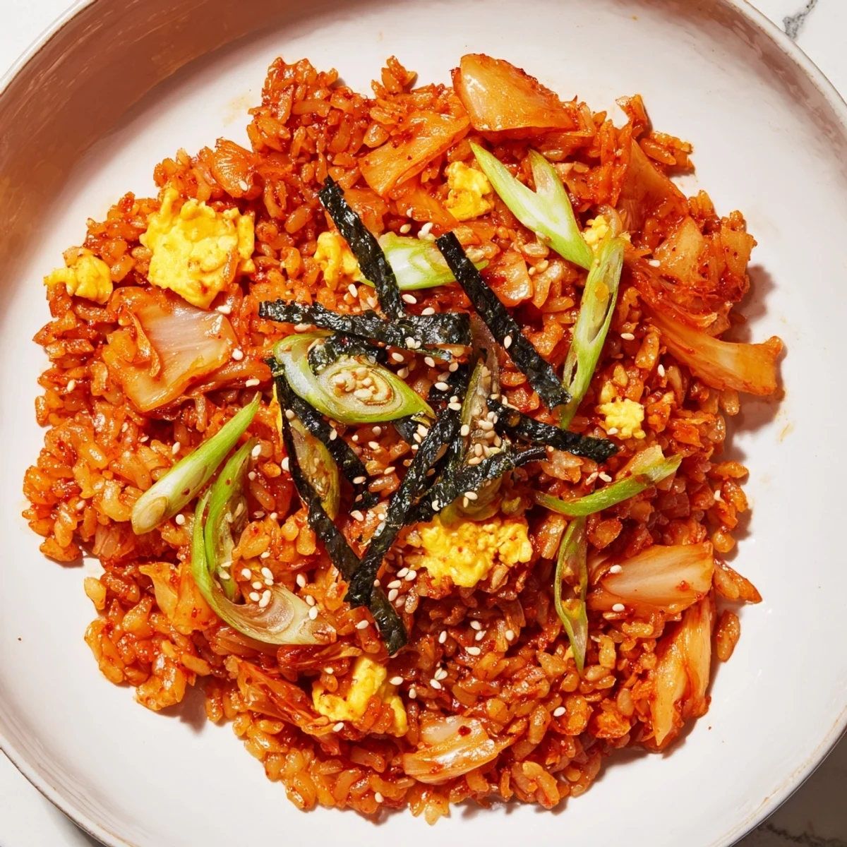 A close-up view of beautifully cooked kimchi fried rice, with a drizzle of sesame oil and sesame seeds.