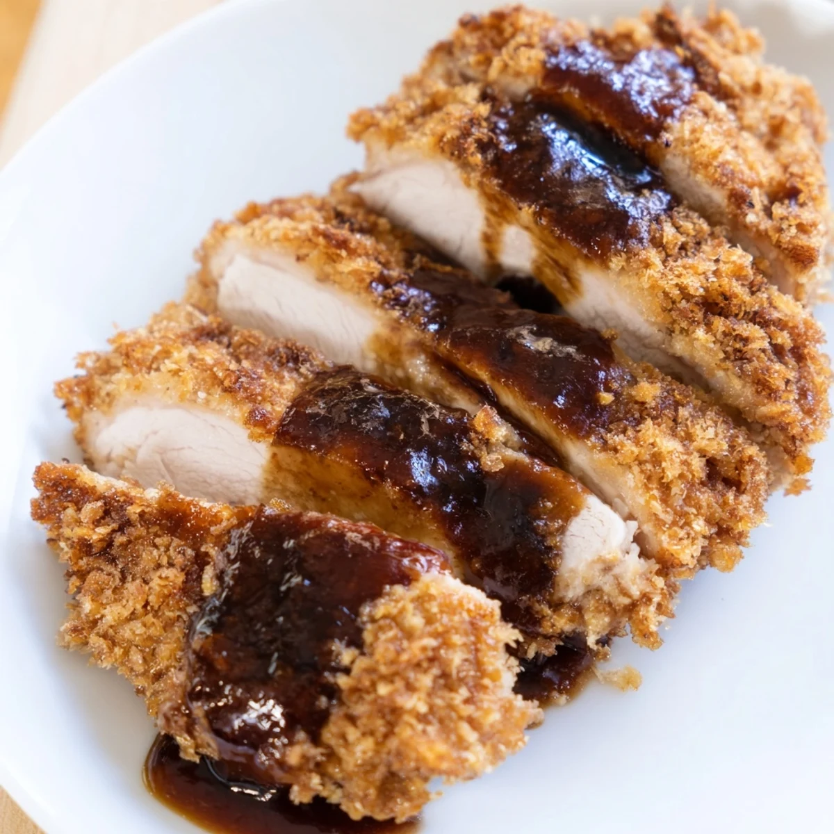 Golden-brown Chicken Katsu cutlets are crispy outside with a juicy interior, ready to eat.