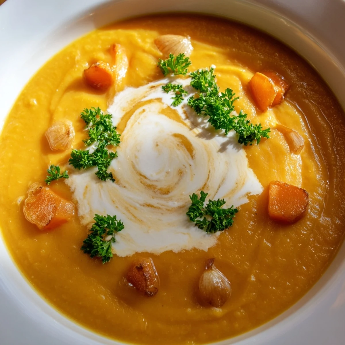 Freshly blended carrot-based creamy soup, garnished with green herbs, offering a delightful aroma.