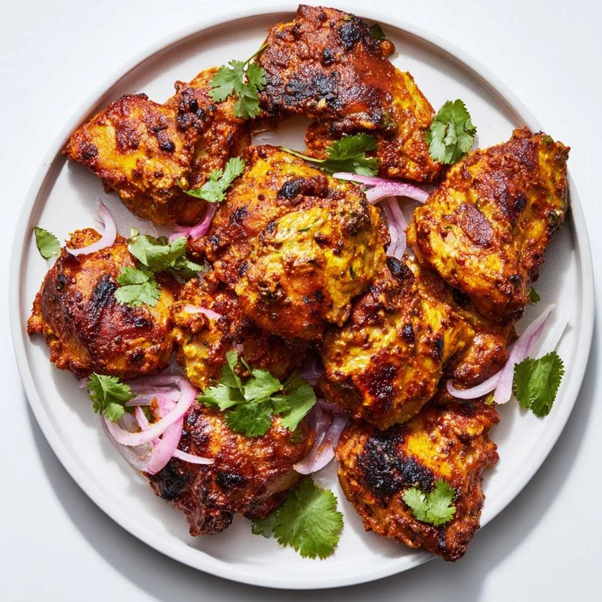 A plate of steaming Indian Tikka Spiced Chicken, garnished with fresh cilantro and a lemon wedge.