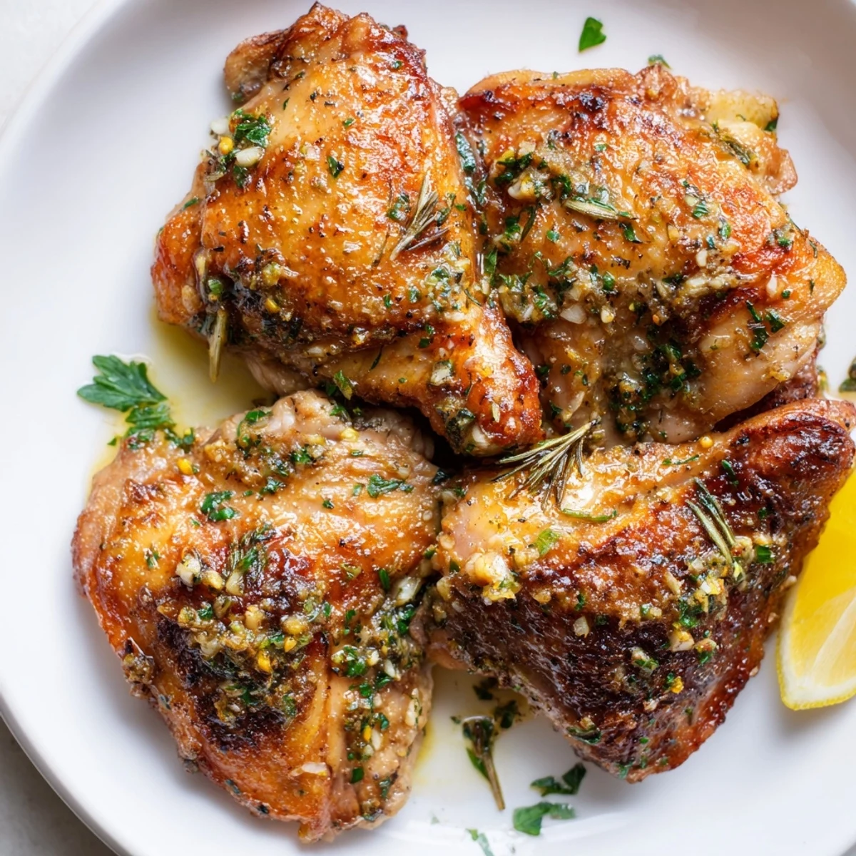 Golden-brown Garlic Butter Chicken Thighs, perfectly roasted with crispy skin and fragrant herbs and garlic.