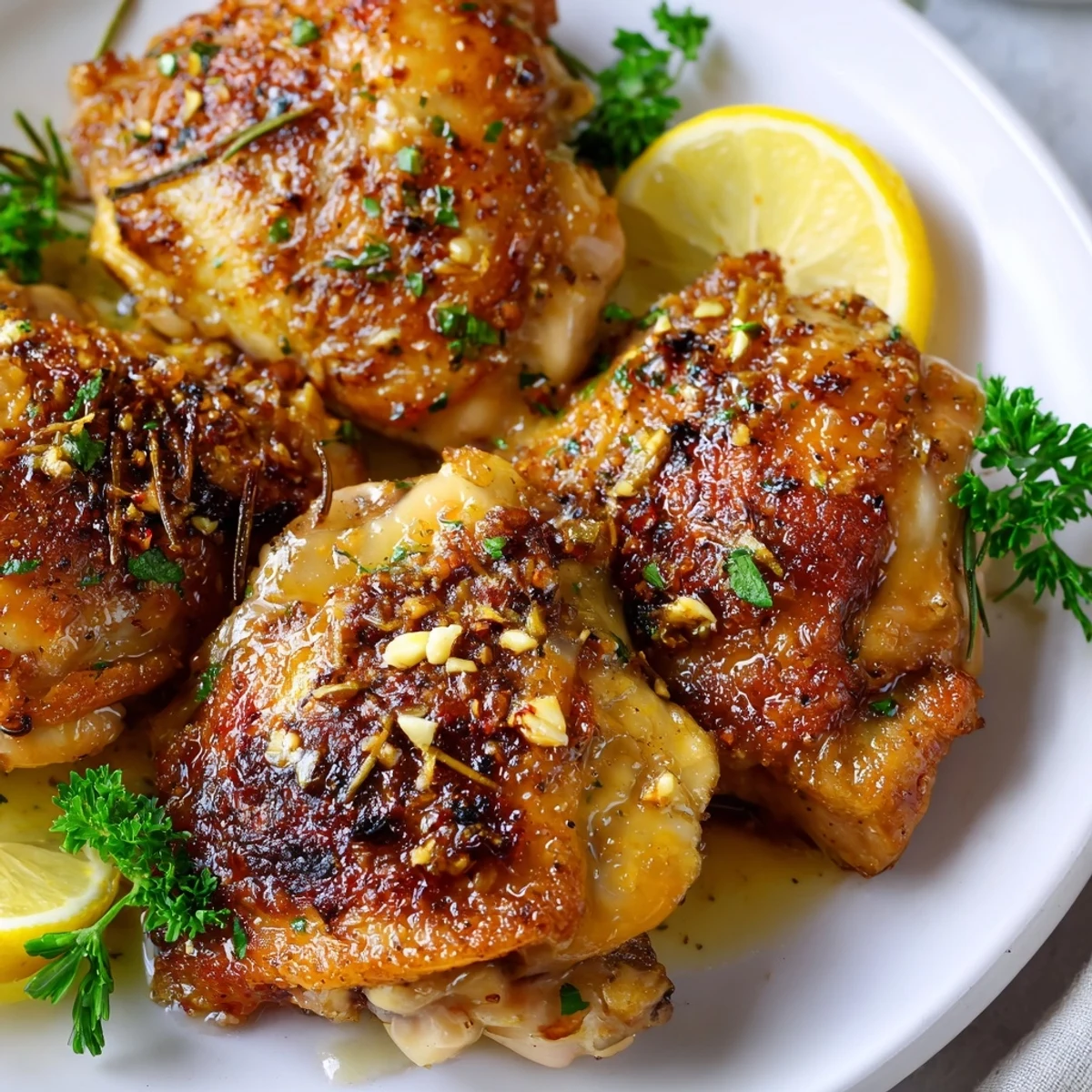 Tender, juicy Garlic Butter Chicken Thighs, served with a drizzle of rich, flavorful garlic butter sauce.