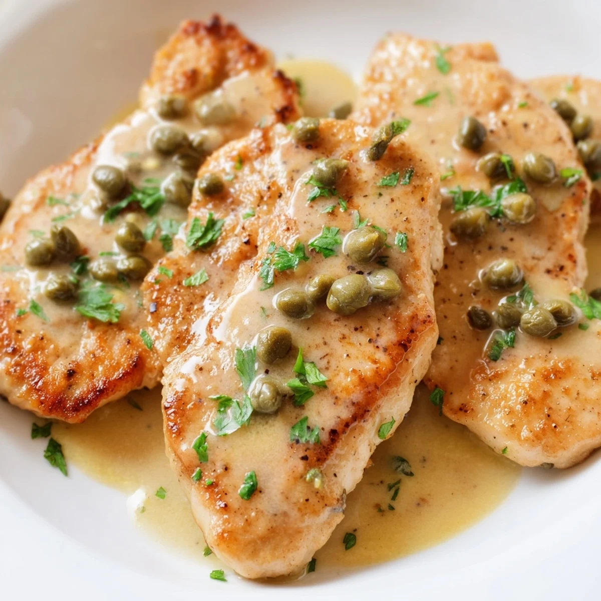 A close-up of creamy chicken piccata, the tender chicken swimming in a tangy lemon-caper sauce.