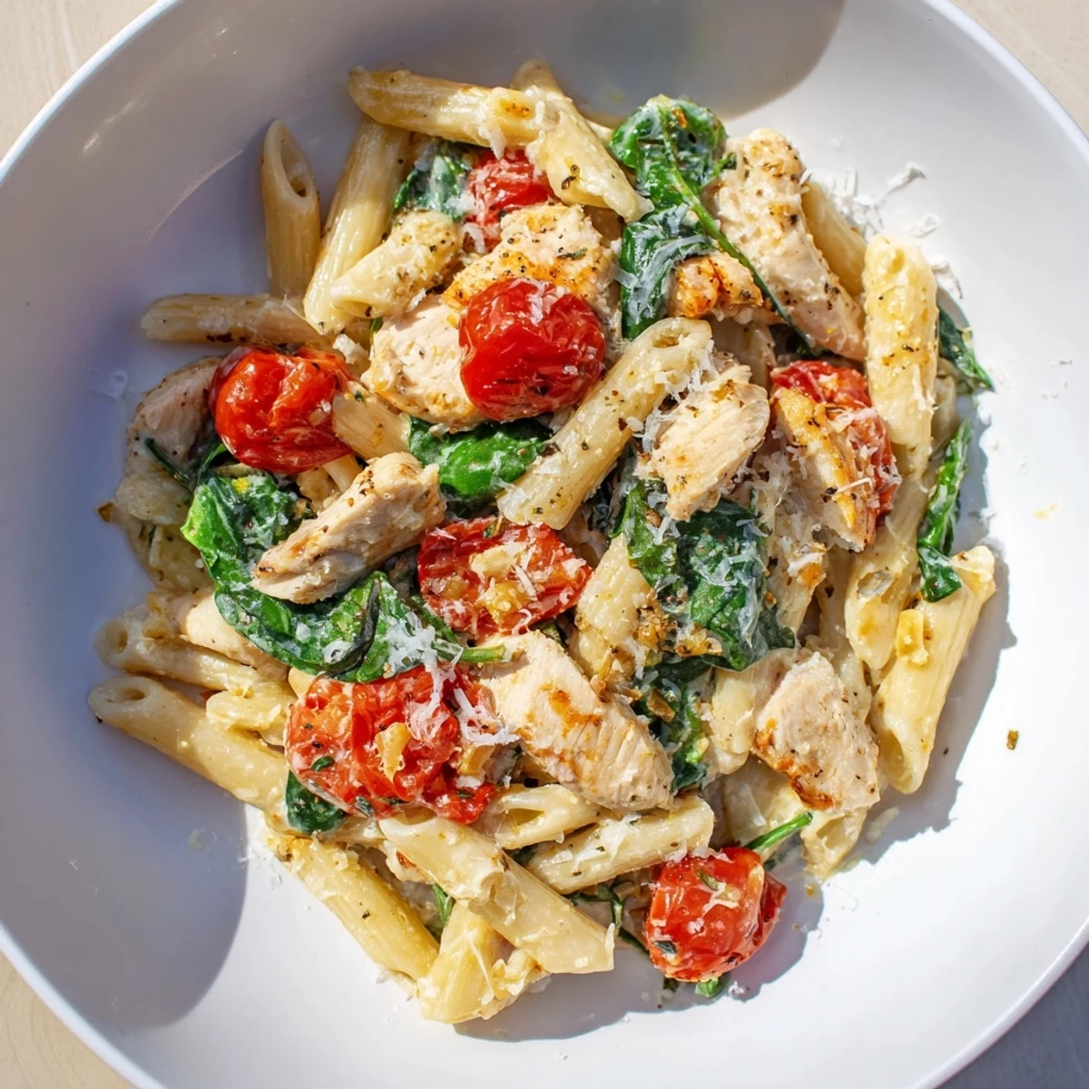 Creamy Greek Yogurt Chicken Pasta, with tender chicken and spinach, ready to serve with Parmesan.