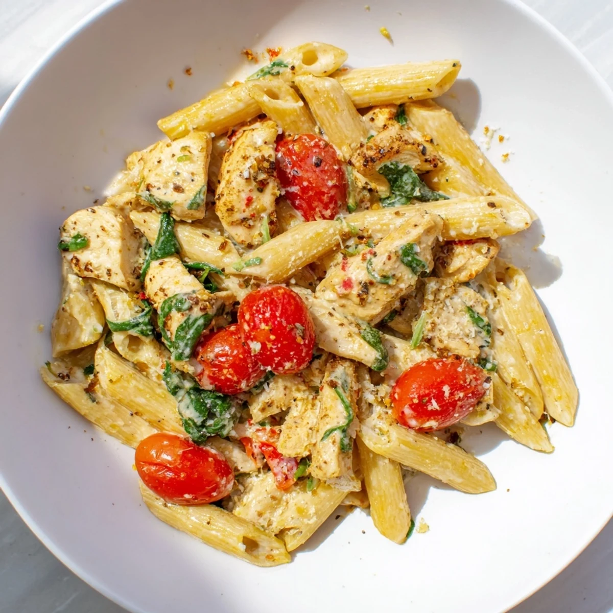 A close-up of a delightful plate of Greek Yogurt Chicken Pasta, featuring vibrant tomatoes and a perfect sauce.