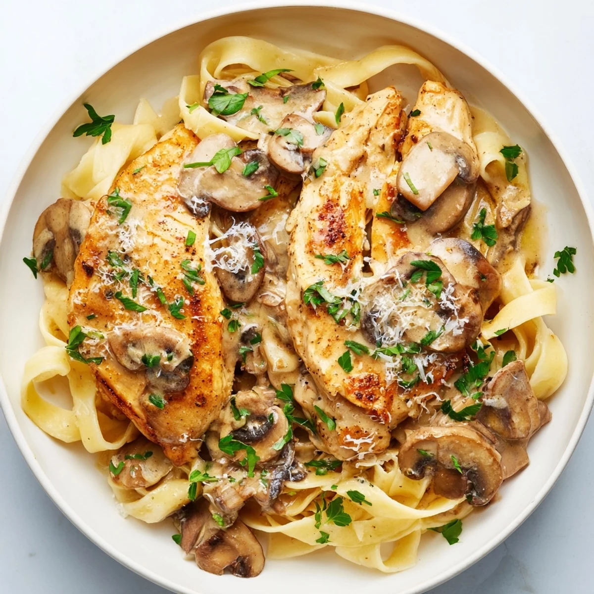 Golden-brown Creamy Chicken Marsala served over pasta, with a creamy mushroom sauce and fresh parsley.