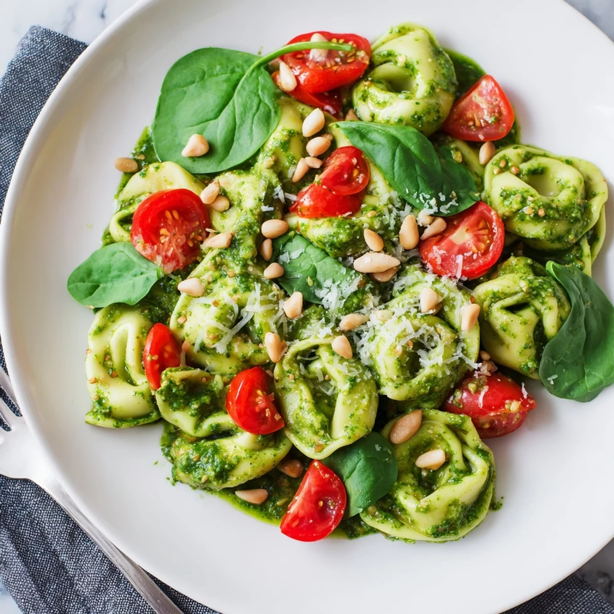 Fresh Pesto Tortellini Salad, a colorful mix of pasta, basil pesto, and bright cherry tomatoes.