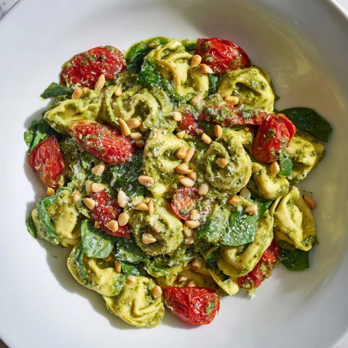 Cool, cooked tortellini tossed in vibrant pesto, perfectly complemented by juicy cherry tomatoes in this salad.