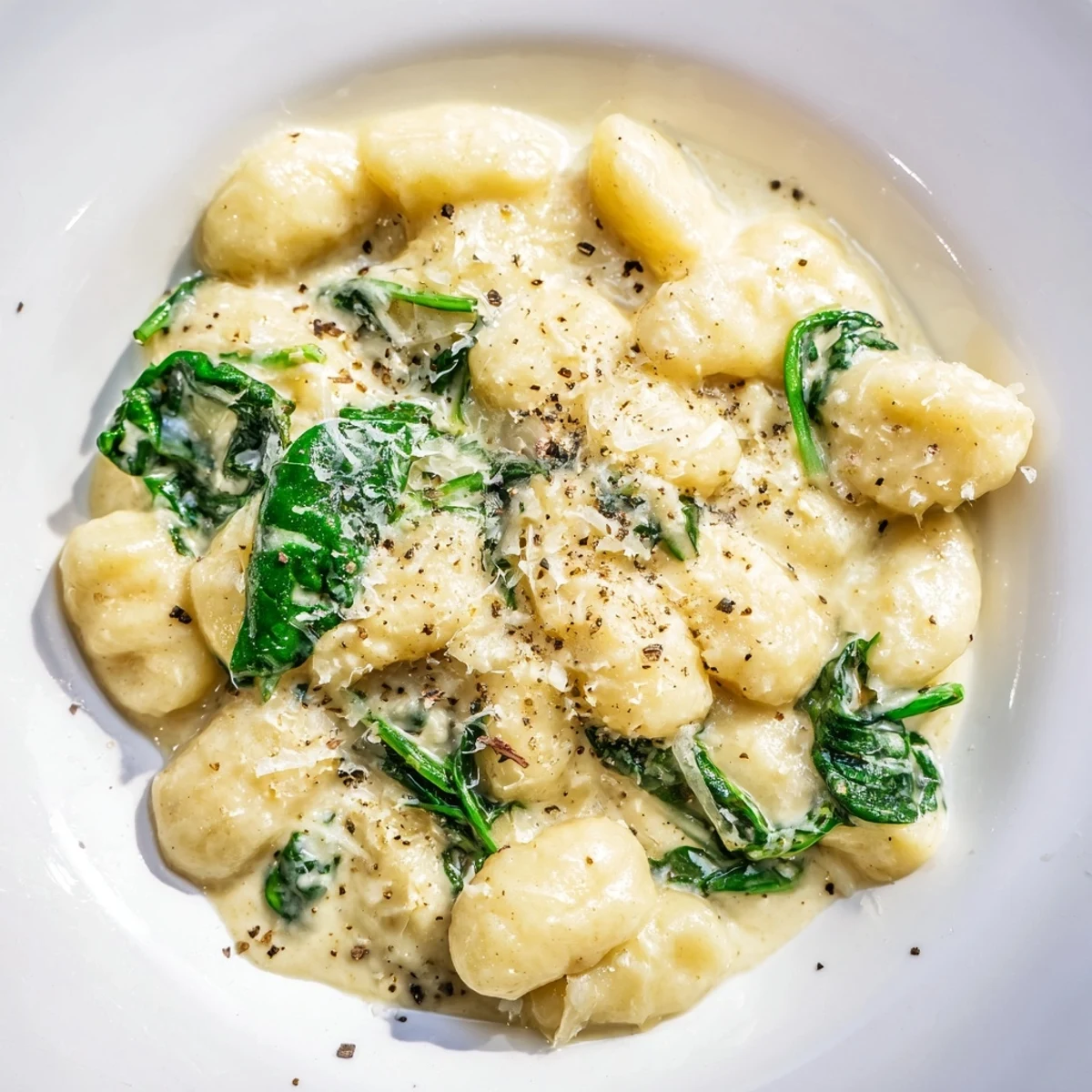 Garnished creamy garlic gnocchi, a comforting vegetarian meal with fresh parmesan and black pepper.