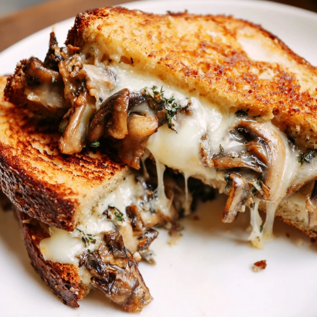 Golden-brown Mushroom Swiss Grilled Cheese, oozing melted cheese, a comforting sandwich delight, ready to be enjoyed.