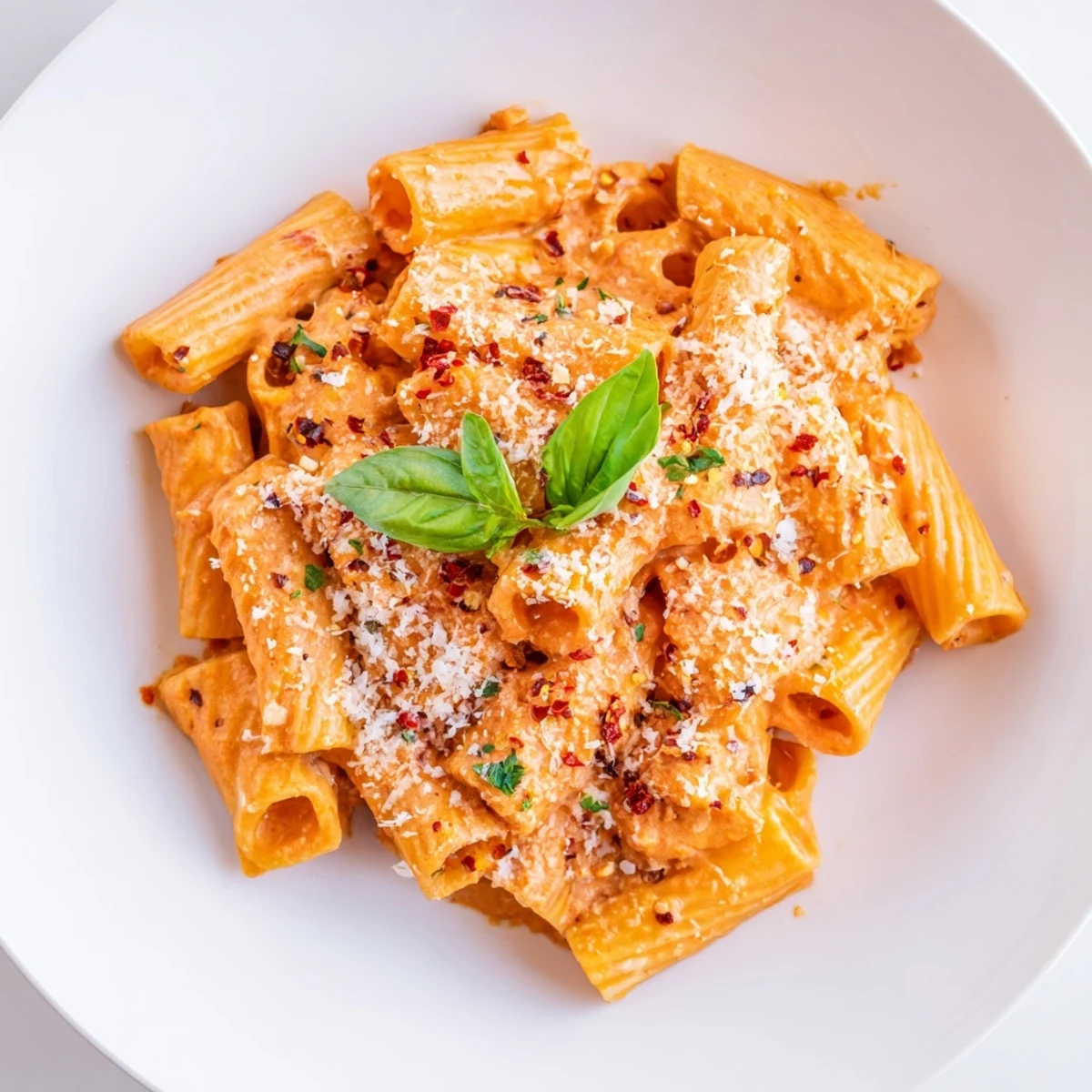 Creamy, flavorful plate of Spicy Rigatoni Pasta, perfect for a cozy Italian-American dinner.