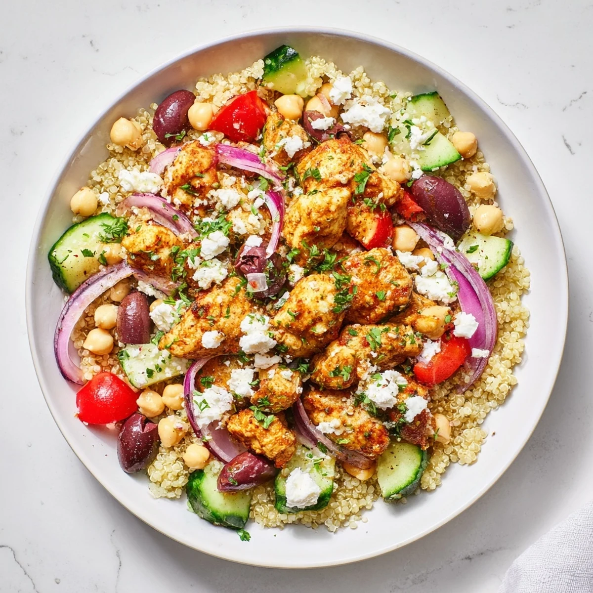 A close-up of a flavorful Mediterranean Chicken Bowl with tender chicken, colorful veggies, and feta.