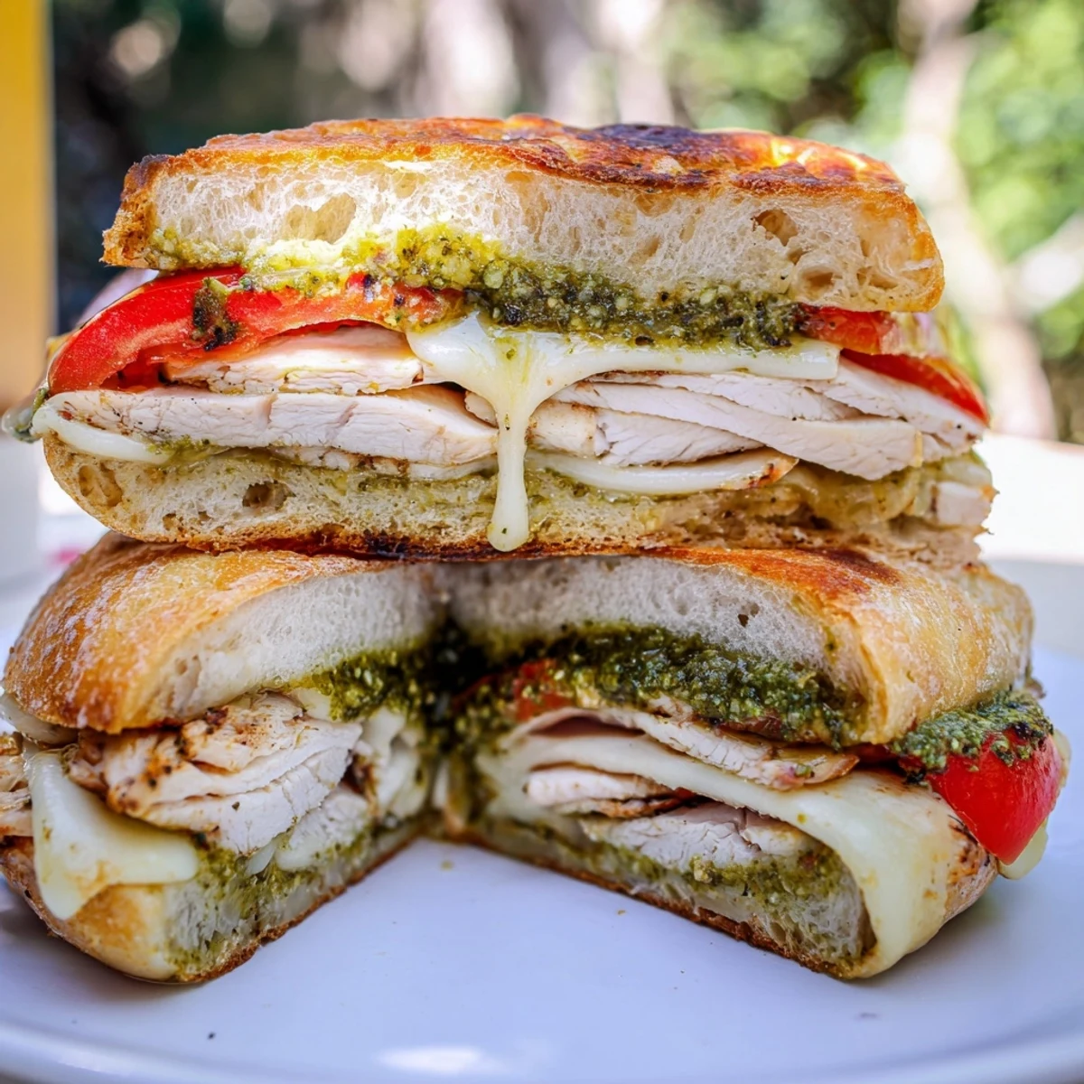Golden-brown Chicken Pesto Panini, oozing melted mozzarella, with fresh tomatoes and basil pesto inside.