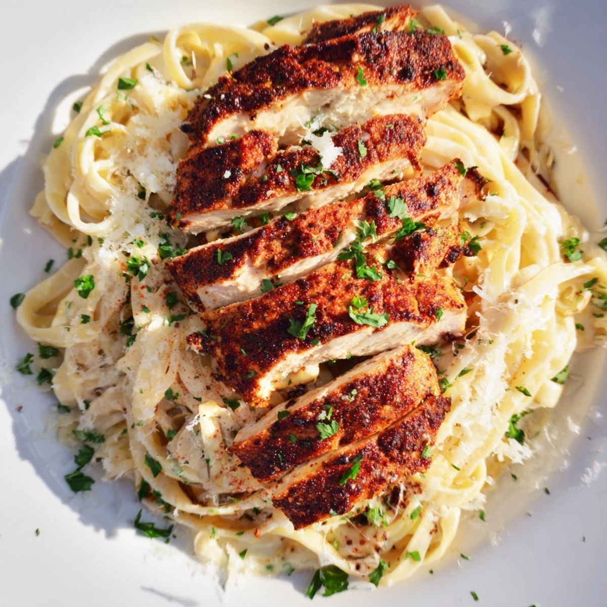 Cajun Chicken Alfredo: Creamy Alfredo sauce coats tender pasta, topped with spicy chicken and fresh parsley.