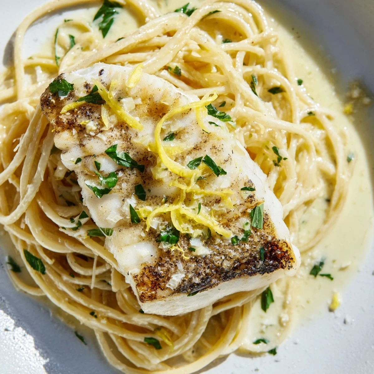 Lemon Bass Pasta: A close-up of tender grilled fish atop pasta in a bright lemon sauce.