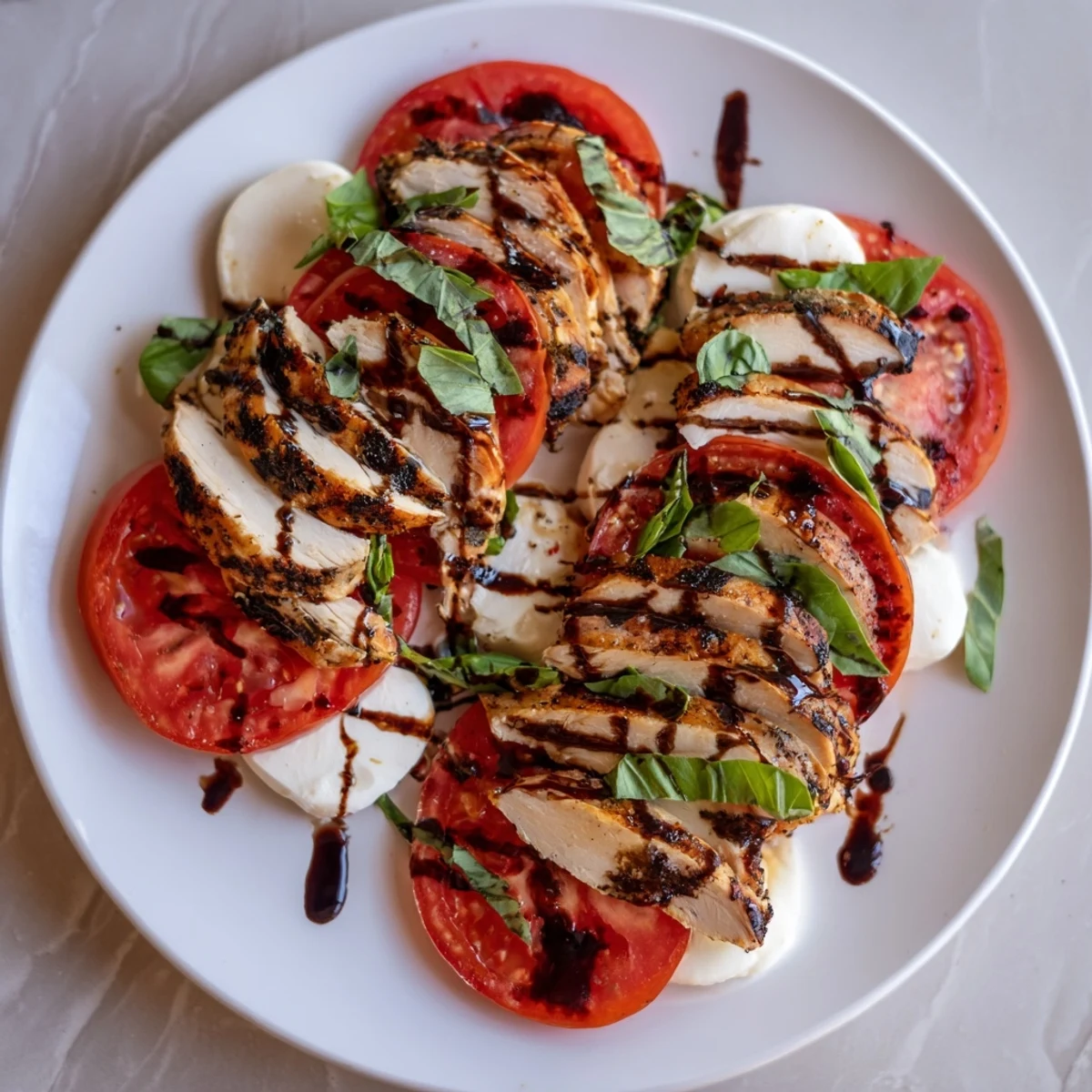Juicy grilled chicken caprese salad with ripe tomatoes, creamy mozzarella, and balsamic glaze.