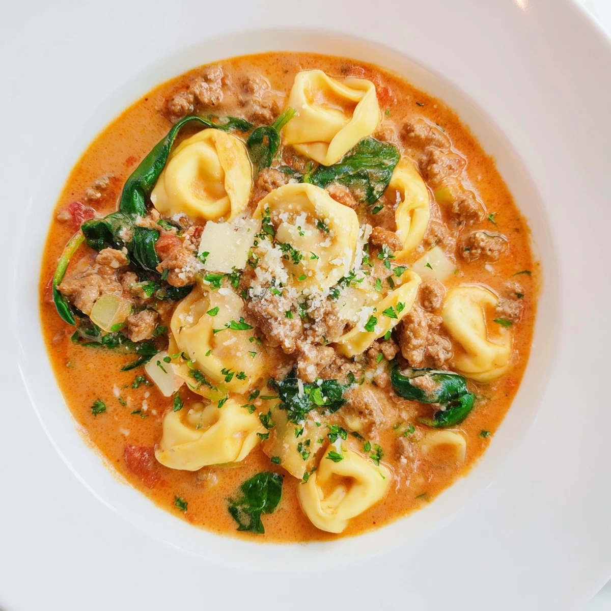 Steaming Tuscan Tortellini Soup with Italian sausage and fresh spinach, ready to serve with Parmesan.