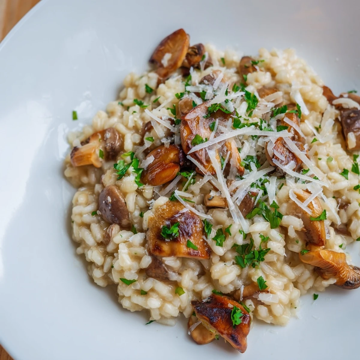 Golden, perfectly roasted mushrooms atop a creamy, savory Roasted Mushroom Risotto, ready to be served.