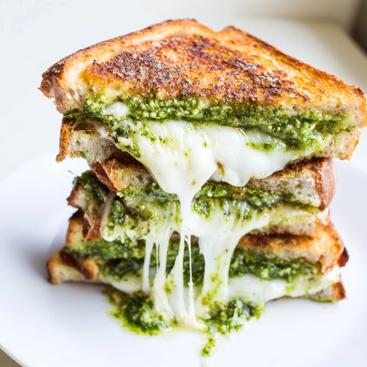 Golden, crusty sourdough pesto grilled cheese, showcasing melted cheese and basil aromatics.