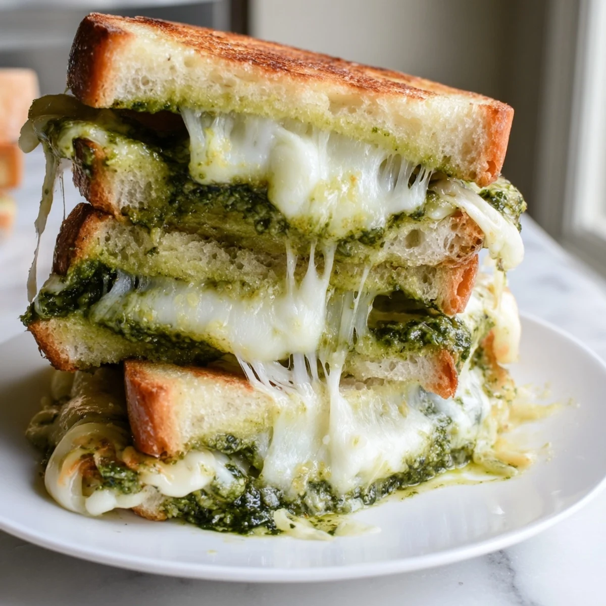 Warm and gooey sourdough pesto grilled cheese, promising a melty cheese pull and irresistible flavors.