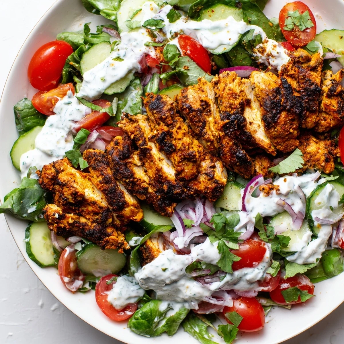 Chicken Shawarma Salad Bowl with vibrant greens, spiced chicken, and creamy garlic sauce, ready to enjoy.