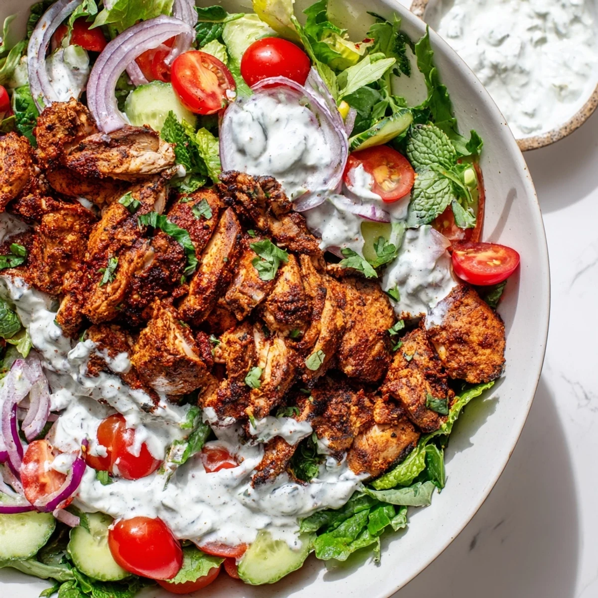 A colorful Chicken Shawarma Salad Bowl piled high, showcasing the tender chicken and fresh vegetables.