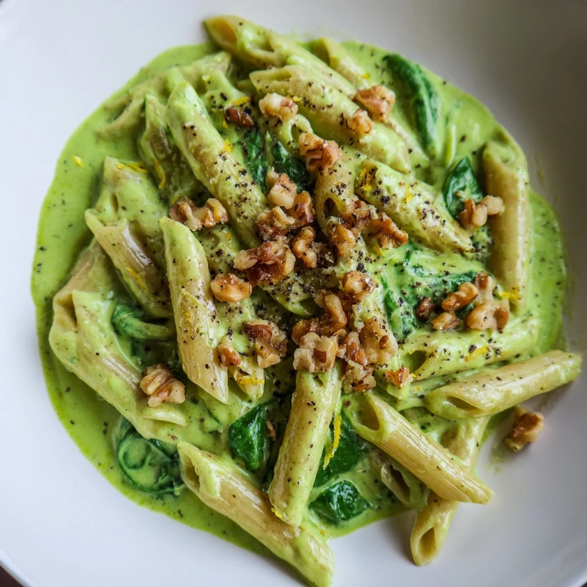 Creamy Spinach Walnut Pasta, tossed in a bright green sauce, garnished with toasted walnuts.