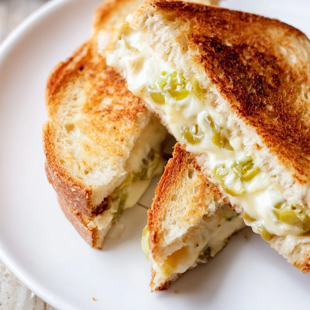 Mouthwatering close-up of a perfectly grilled jalapeño pepper jack grilled cheese, a flavorful sandwich.