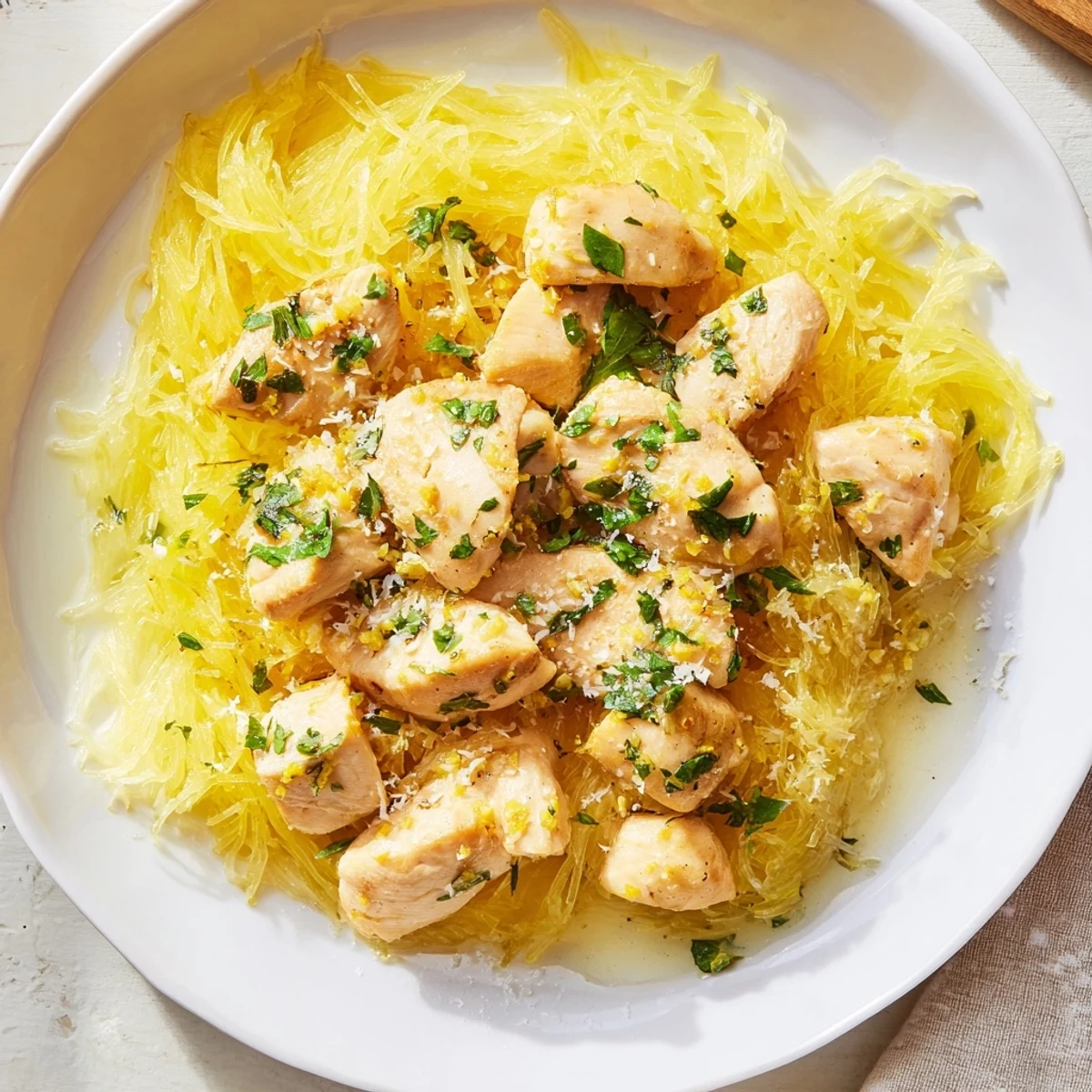 Golden, tender lemon garlic chicken atop a bed of spaghetti squash, a comforting gluten-free meal.