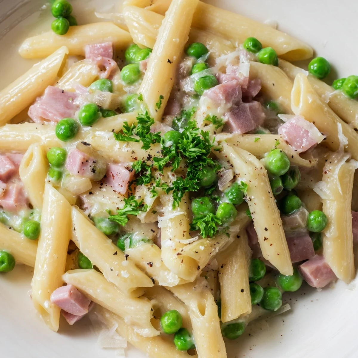 Steaming Spring Pea & Ham Pasta, bright green peas and ham in a creamy, Parmesan sauce, ready to serve.
