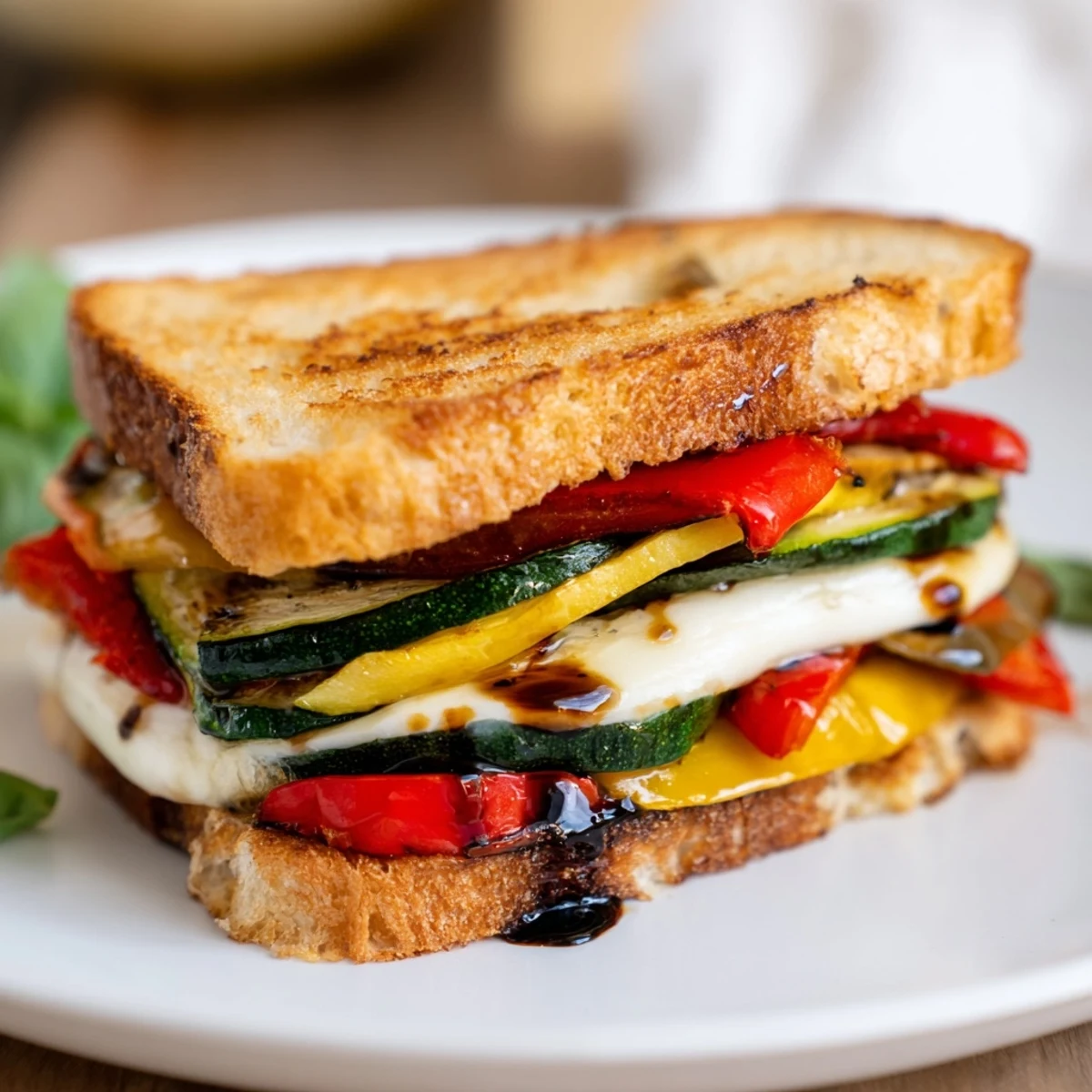 Golden, crispy Roasted Veggie Caprese Grilled Cheese with melted mozzarella and fresh basil.