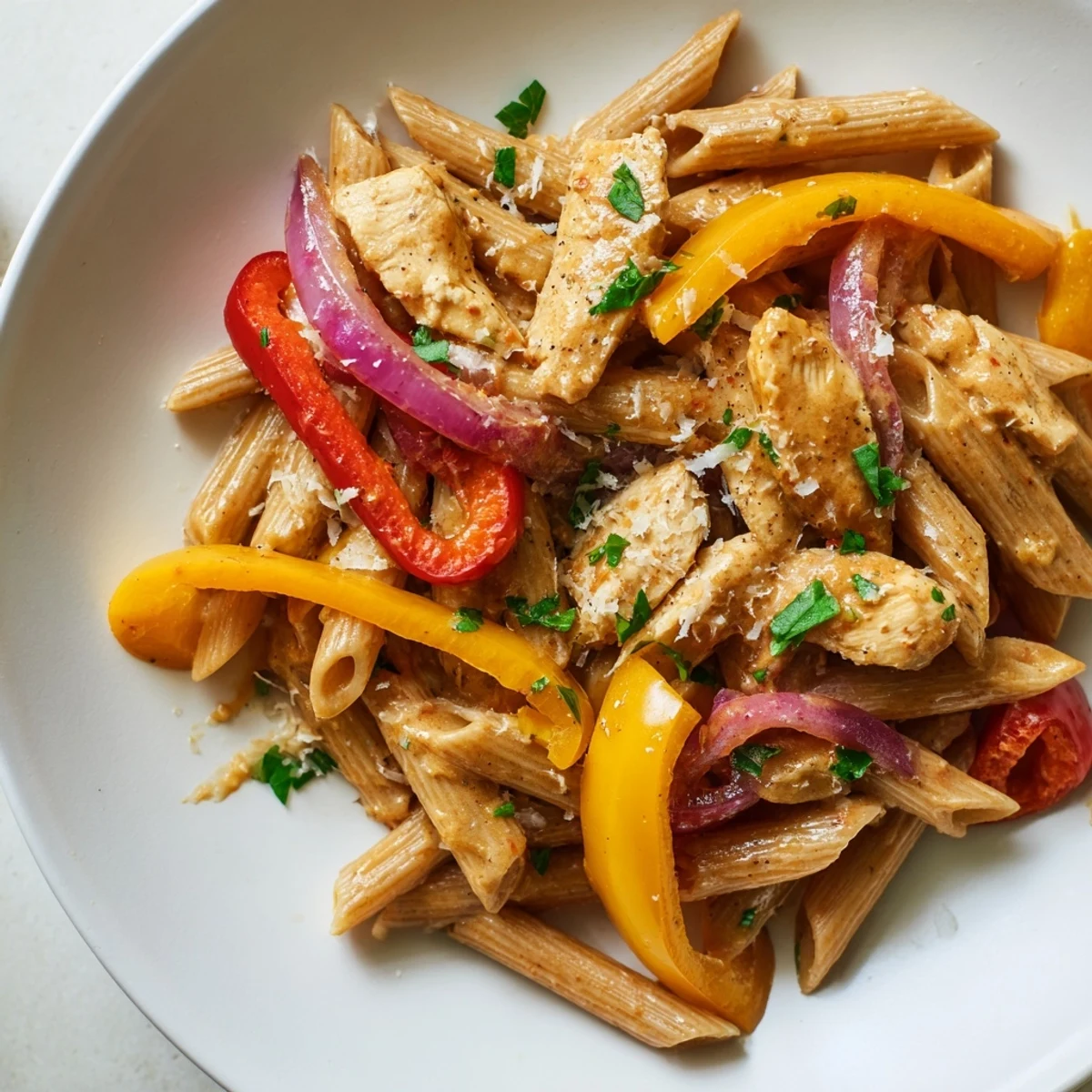 Creamy Cajun Chicken Pasta Lite with colorful peppers and tender chicken ready to enjoy.