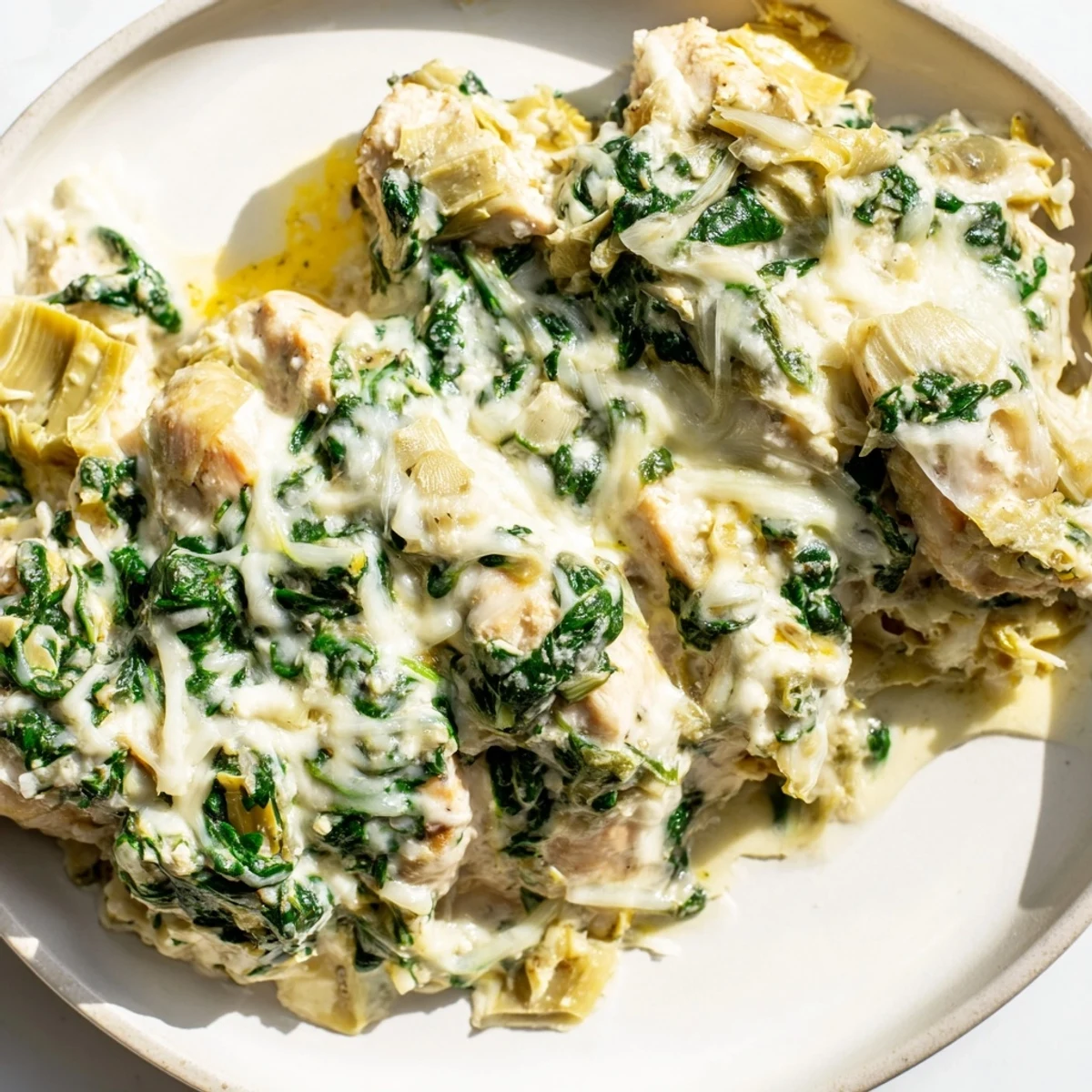 Spinach and Artichoke Chicken Bake, with bubbly cheese topping, served with a fresh green salad.