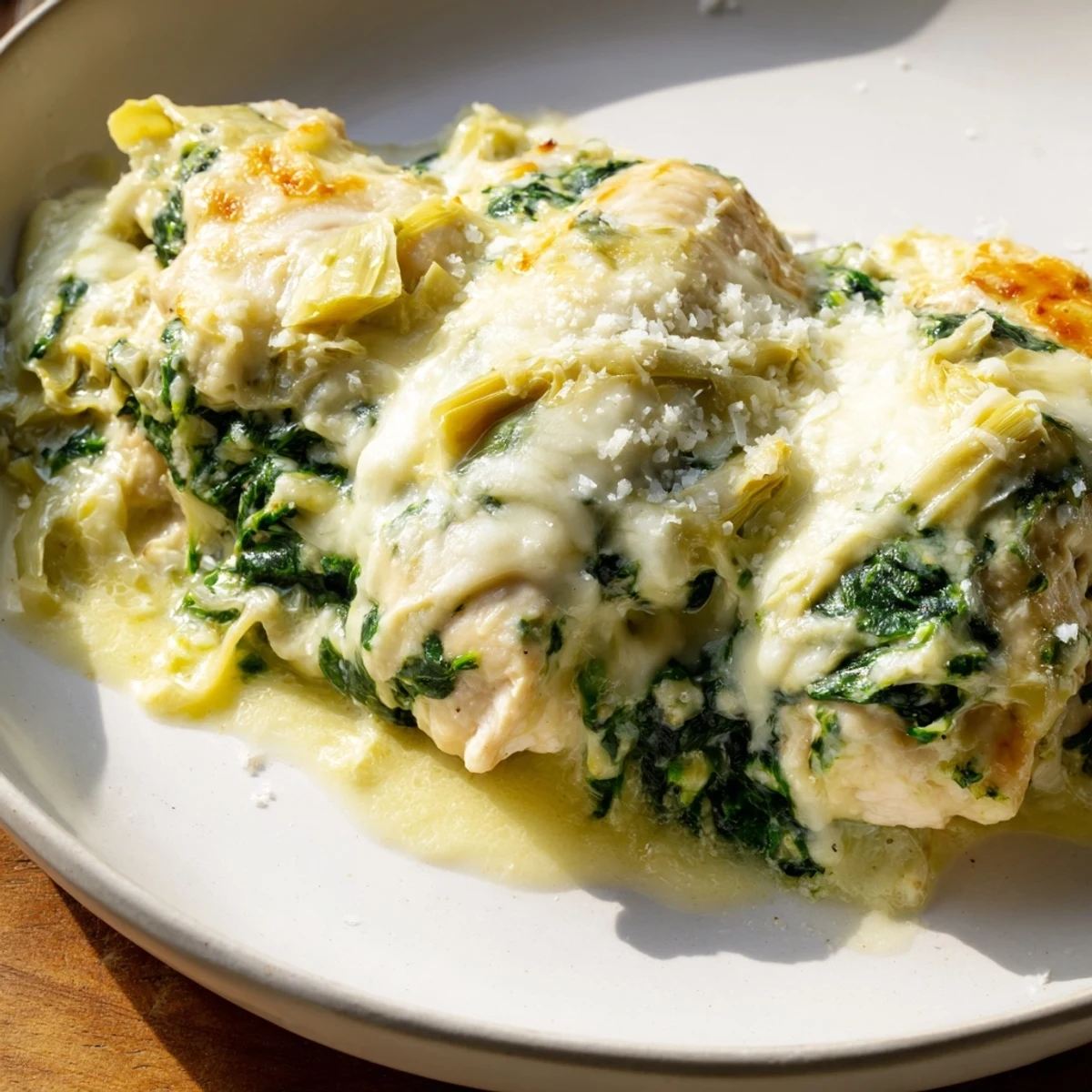 Golden-brown Spinach & Artichoke Chicken Bake with creamy topping, ready to serve for dinner tonight.