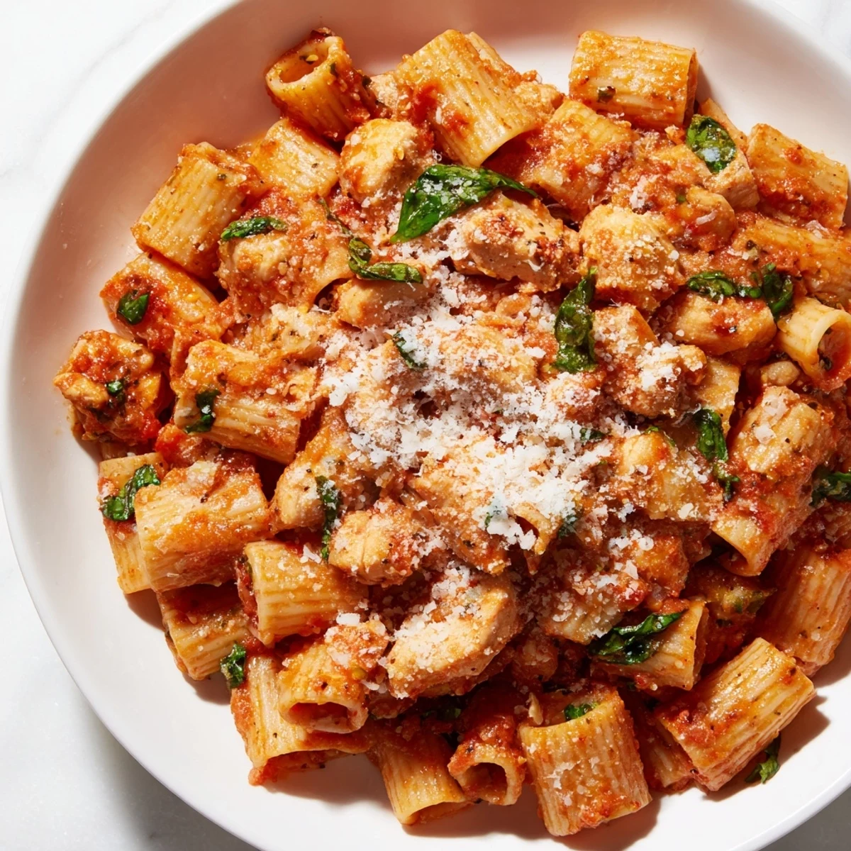 A steaming bowl of Tomato Basil Chicken Pasta with fresh basil and Parmesan cheese.