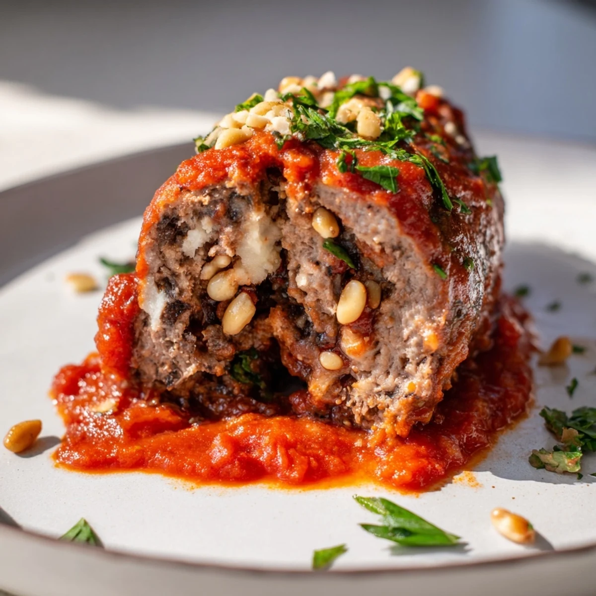 Tender beef rolls of Sicilian-Style Braciole, filled with pecorino, pine nuts, and raisins, resting in rich tomato sauce.