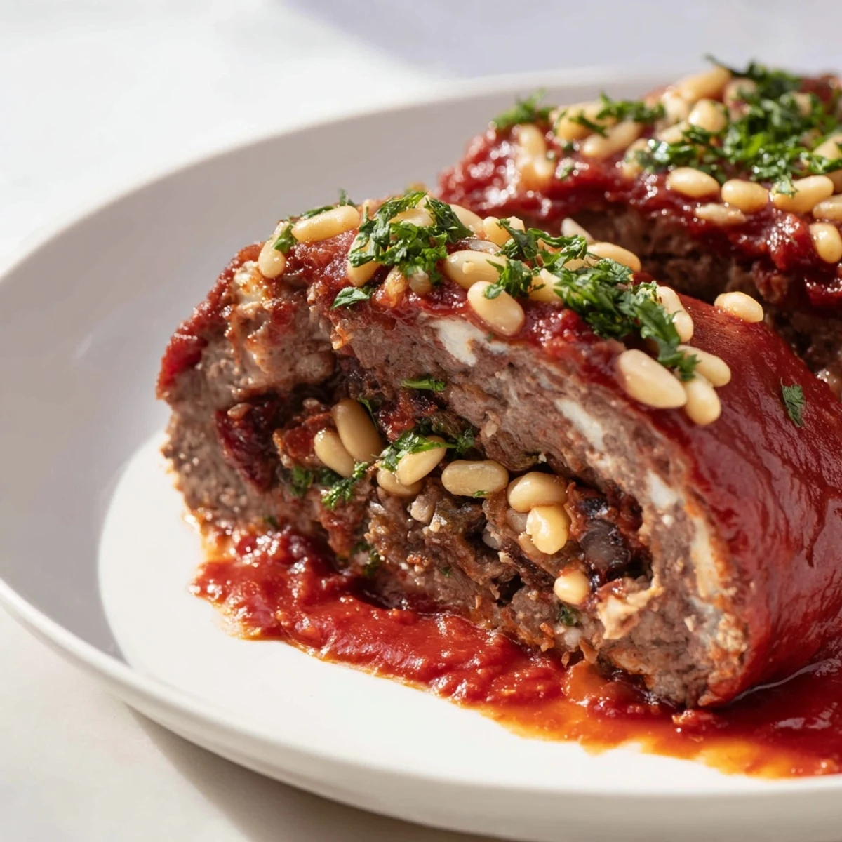 Sliced Sicilian-Style Braciole on a plate, juicy beef spirals with herbed filling, served with sauce and fresh parsley.