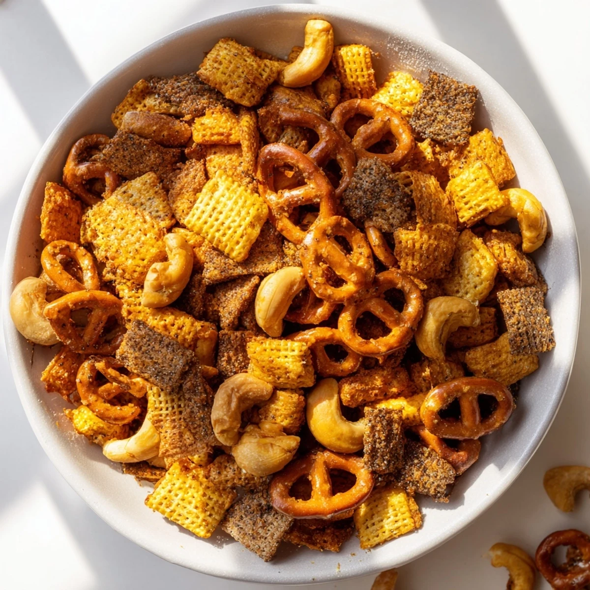 A close-up of Everything Ranch Cheese and Pretzel Snack Mix glistening with melted butter, garlic, and onion powder on a baking sheet.