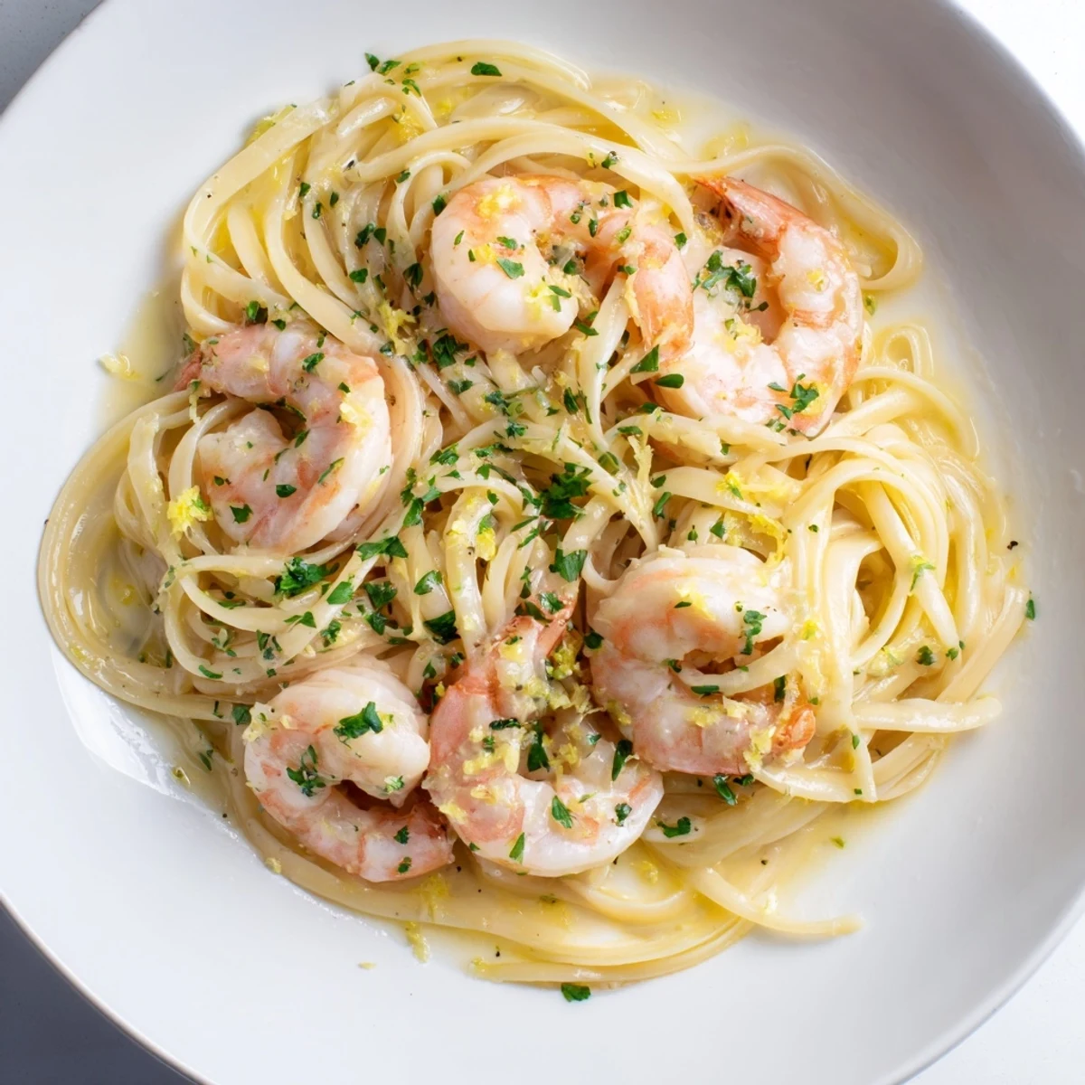 Steaming linguine pasta twirled with plump pink shrimp in a glossy garlic white wine butter sauce garnished with fresh parsley.