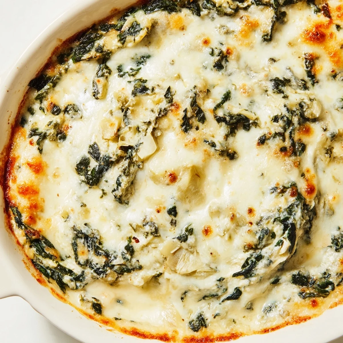Homemade spinach artichoke dip served warm with colorful vegetable sticks and crusty bread on the side.