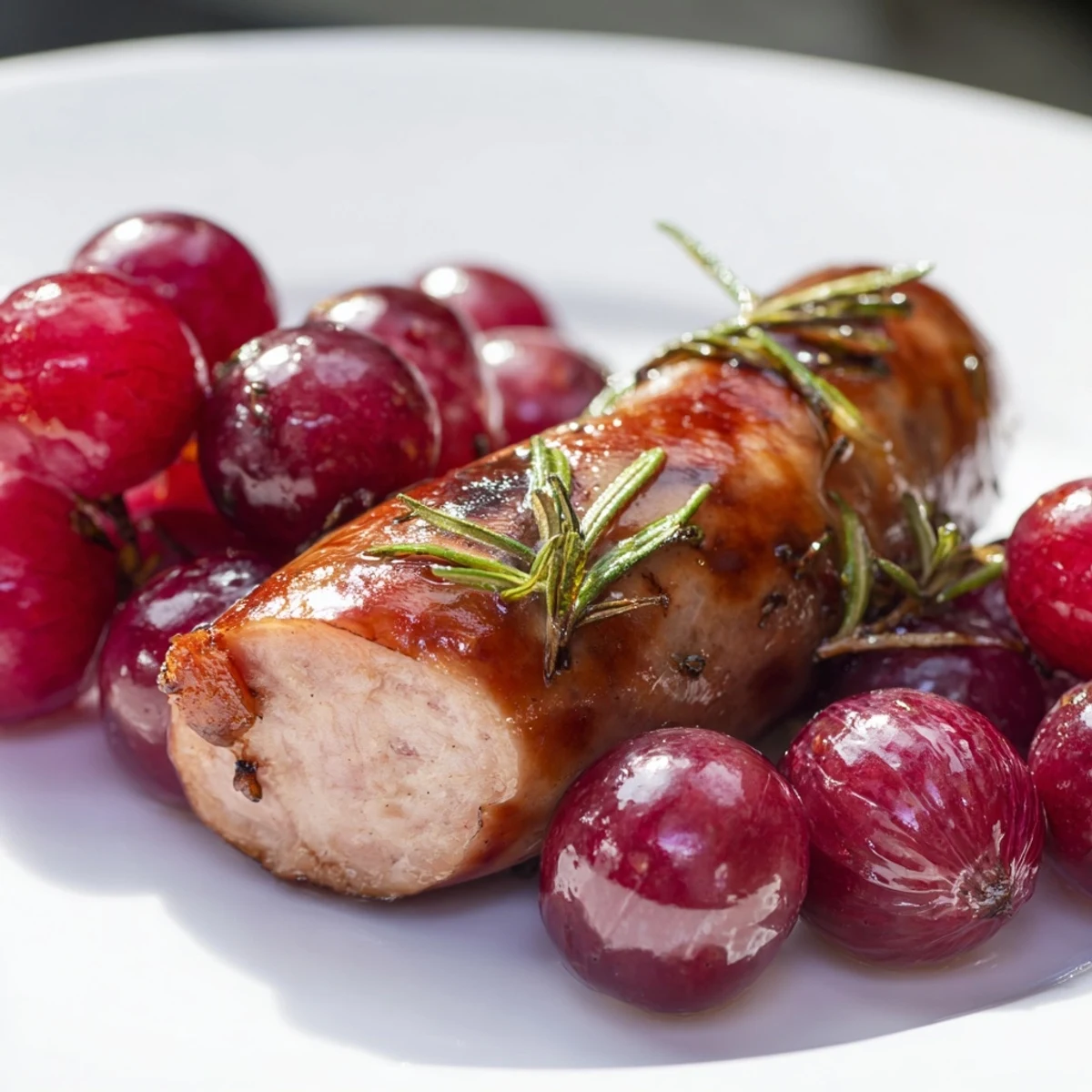 Roasted Sausage and Grapes baked in a savory skillet with caramelized red onions and fresh rosemary garnish.