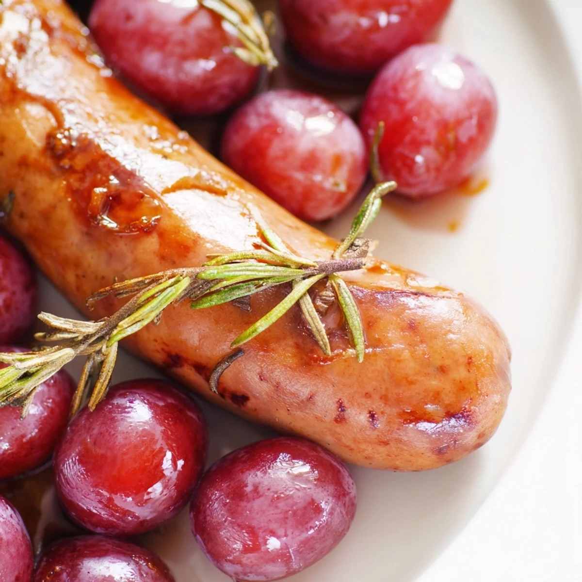 A close-up of Roasted Sausage and Grapes served over creamy polenta, drizzled with pan juices.