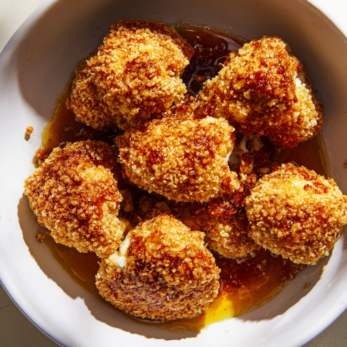 Golden brown crunchy baked hot honey cauliflower florets with a sticky, spicy glaze on a serving platter.
