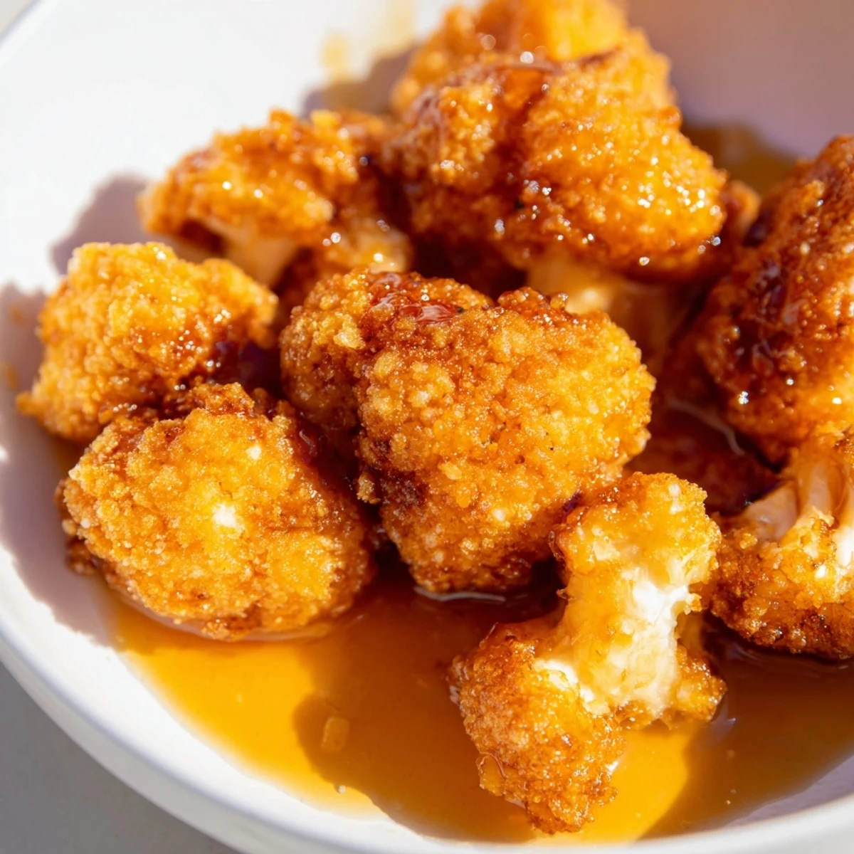 Crispy baked cauliflower florets tossed in a sweet and spicy hot honey sauce, perfect for snacking.